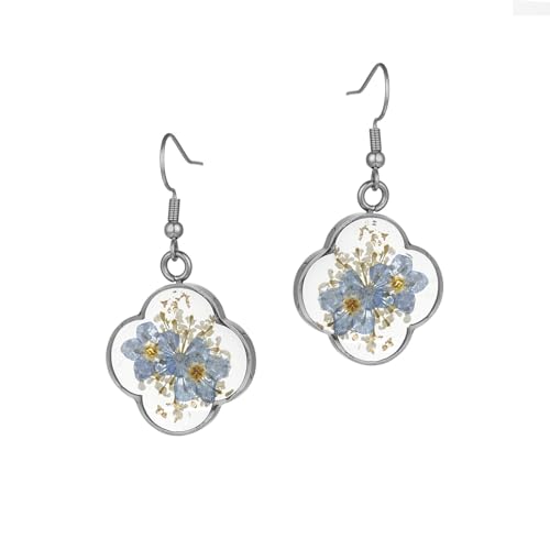 Hefestus Flower Earrings for Women,Real Pressed Flower Earrings,Unique Handmade Design Dangle,Cute Earrings,Thoughtful Gift for Christmas,Valentine's,Mother's Day (Forget-Me-Not Silver)