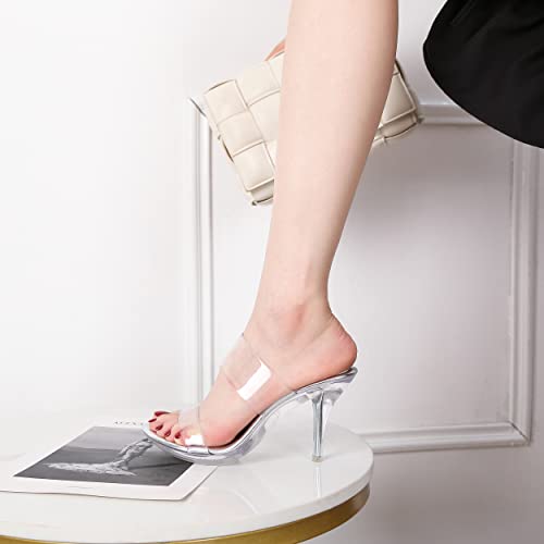 Image of NBUUNBU Clear Heels for Women Silver Black Heels Little Platform Sexy High Heels Sandals Stiletto Kitten Open Toe Dress Shoes Comfortable Double Transparent Strap Heeled Sandals Mule