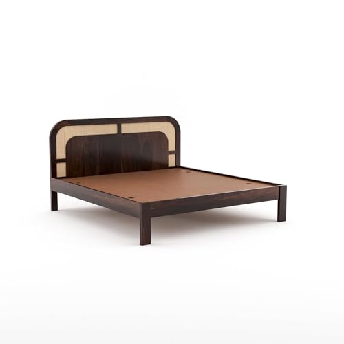 Image of Solid Sheesham Wood Queen Size Bed Without Storage for Bedroom Living Room | Wooden Double Bed Cot for Home Hotel | (Walnut Finish- Indian, Queen Size)