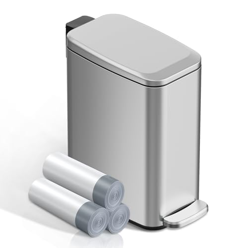KSSKSS Small Bathroom Trash Can with Lid Soft Close, Step Pedal, 6L / 1.6 Gal Stainless Steel Garbage Bin with Removable Inner Bucket, Slim Wastebasket for Narrow Spaces (Silver)