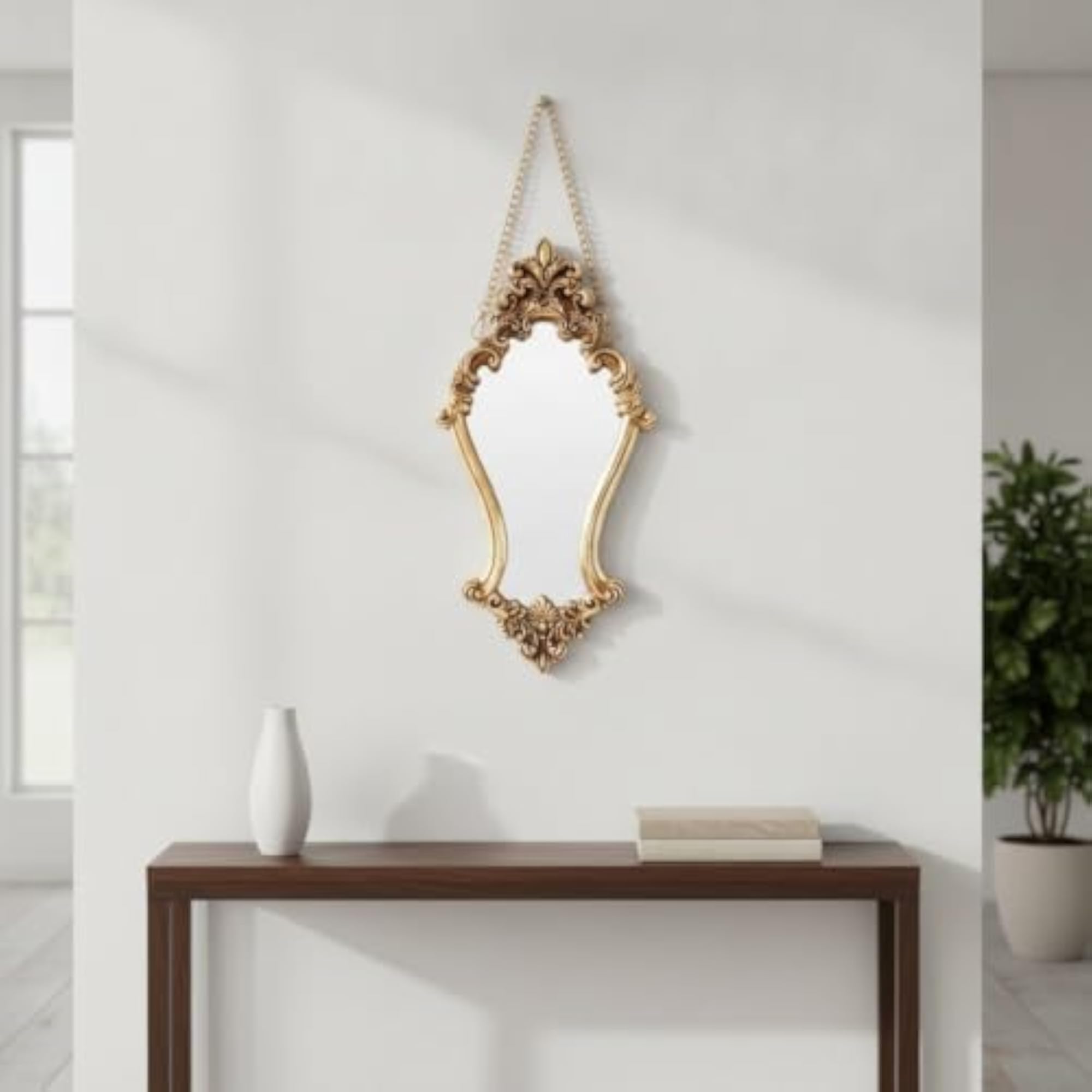 Ornate Gold Wall Mirror with Chain