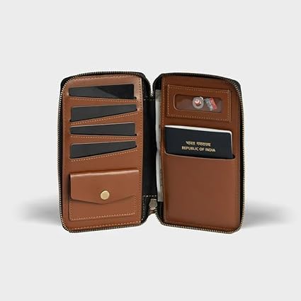 Image of Personalized Leather Passport Holder | Custom Travel Wallet with Zipper, Name & Charm | Durable Genuine Leather Organizer for Travel Documents & Cards (Tan)