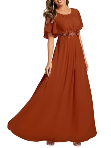 Image of Ever-Pretty Women's Classic Round Neck Pleated Short Sleeves Chiffon Appliques Floor Length A Line Formal Evening Dresses