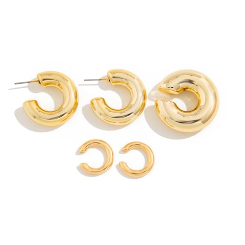 5Pcs Chunky Statement Gold Round Huggie Hoop Earrings, Charm Big Thick Silver Clip On Hoop Non Piercing Cuff Earrings for Women Trendy Ear Cuff Jewelry (Gold) by SAVNOJW - Image 7