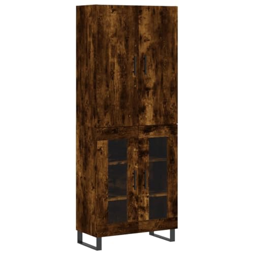 HETFTJN Buffet Haut de Salon Vaisselier Vitrine en Verre et Métal Armoire de Rangement Cuisine Salle à Manger Commode Design Industriel Chêne Fumé 69,5x34x180 cm