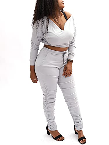 Women Stacked Leggings Sets - 2 Piece Outfits V Neck Long Sleeve Off Shoulder Tops + Stack Pants Tracksuit,Grey,Medium #TOP2