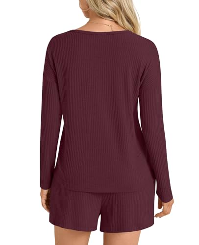 Image of Anydoll Womens Pajama Sets Waffle Knit Lounge Sets Long Sleeve Top and Shorts 2 Piece Loungewear with Pockets