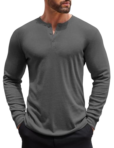 COOFANDY Henley Langarmshirt Herren Longsleeve Freizeit T-Shirt für Männer Einfarbig Basic Shirt mit Knopfleiste Dunkel Grau L