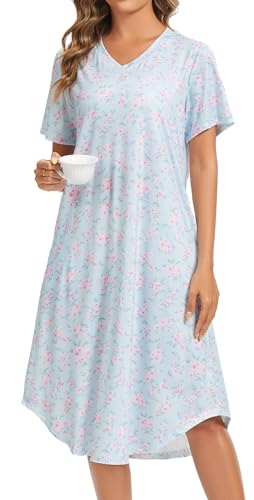 Image of Kabento Nightgowns for Women Cotton Short Sleeve Long Night Gowns with Pockets