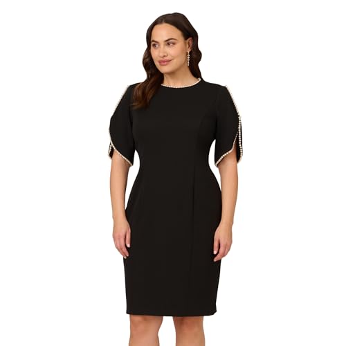 Image of Adrianna Papell Women's Knit Crepe Pearl Midi Dress | Knee Length Cocktail Dress with Pearl Trim & Tailored Fit