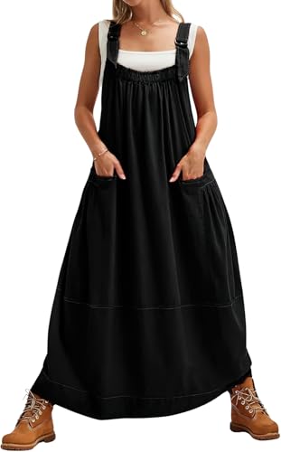 chouyatou Women's Cargo Overall Dress Sleeveless Adjustable Strap Safari Maxi Jumper Dress with Pockets