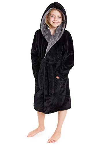 CityComfort Bademantel Kinder Jungen, Flauschiger Fleece Morgenmantel für Kinder (Schwarz, 11-12 Jahre)