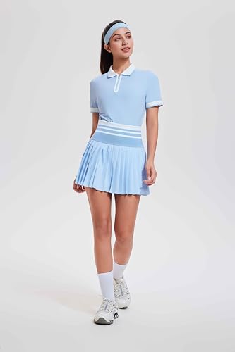 Image of Tennis Skirt Sets for Women Zipper Color Block High Waisted Golf Polo Two Piece Skirt Set Women 2 Piece Outfits