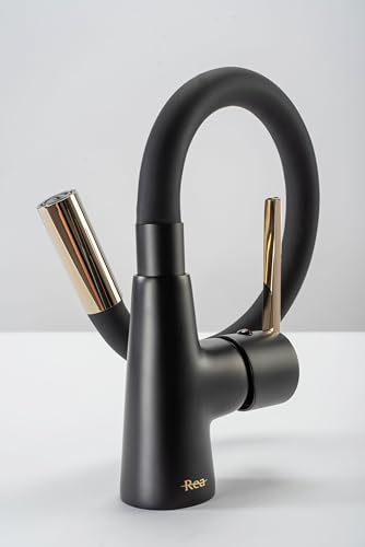 Rea Rubinetto Cucina Icon Nero/L.Oro Miscelatore Lavello Cucina In Ottone Miscelatore Monocomando Caldo E Freddo Regolabile Girevole A 360° (Nero/Oro Chiaro) - 2