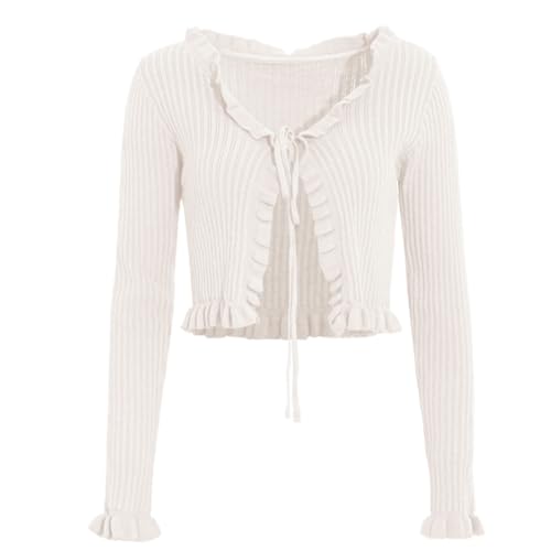Women Ruffle Trim Tie Knot Ribbed Knit Crop Cardigan Casual Slim Fit Long Sleeve Open Front Crop Sweater Shrugs