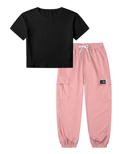 Image of Betusline Girls Fall Winter Clothing Sets, Long Sleeve Crop Top & Cargo Jogger Pants 2 Piece Outfit Sets,4T-14Y