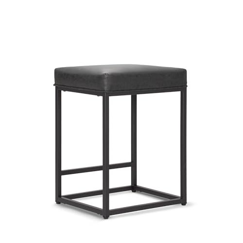 ALPHA HOME Backless Bar Stool, Black, 24 inch, 1PC, Faux Leather, Steel Frame, 3.54" High Density Sponge Foam Cushion, 3cm Thickness, 350 lbs Weight Capacity