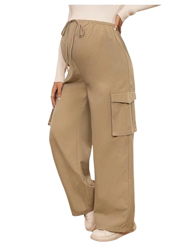 SHENHE Women's Maternity Cargo Pants High Waist Wide Leg Loose Pregnancy Trousers Khaki X-Large