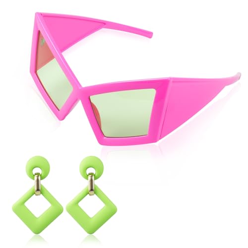 Oversized Cat Eye Sunglasses, Acrylic Rectangle Earrings,Funny Glasses Novelty Party Sunglasses for Fashion Women Hip Hop Dance Party (pink and green color,2 Pairs)2