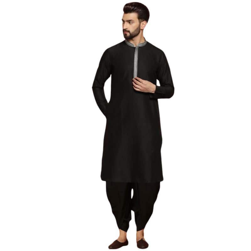 Kisah Men's Kurta Dhoti Set, Black Pure Cotton, Embroidered Mandarin Collar Regular Fit Long Sleeves (L)