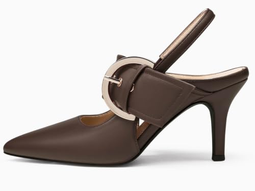 Image of Coutgo Womens Slingback Pumps Closed Pointed Toe High Heels Belt Buckle Strap Dressy Work Shoes