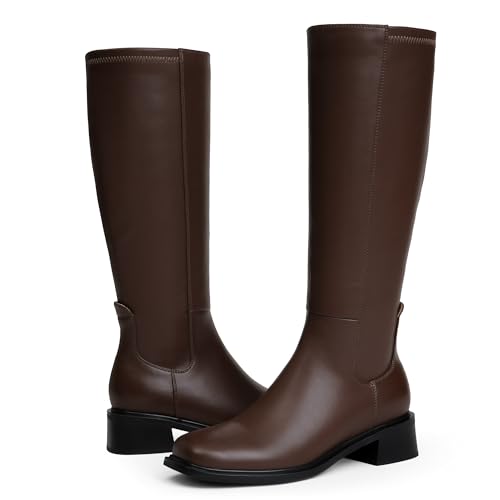 Image of QIY Knee High Boots for Women Low Heel Flat Tall Boots | Stretch Boots, Chunky Heel Womens Boots, Square Toe Heeled Fall Winter Dress Riding Long Boot with Side Zipper