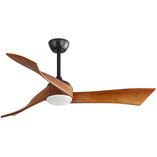 Pangshiyuan Ventilador de techo de 132 cm con luz LED, 3 aspas de madera maciza, motor DC silencioso, marcha atrás, mando a distancia, 6 niveles, para dormitorio, salón, color negro nogal
