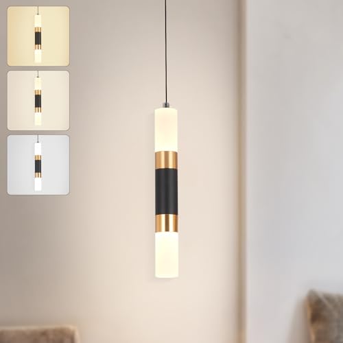 YATAI LED Pendant Lamp - Modern Adjustable Height Dimmable Cylinder Lamp for Dining, Living, Bedroom, Kitchen Island & Office - Black, 3000K-6000K, 8W, Three Color Dimming
