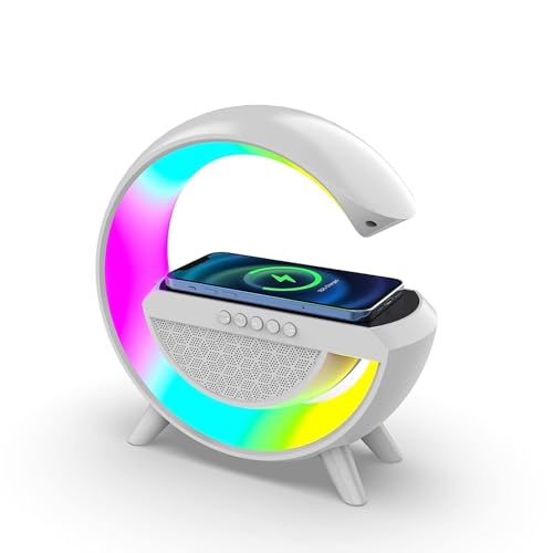 Image of G-Shape LED Lamp with Bluetooth Speaker & Wireless Charging - 3-in-1 RGB Night Light with Touch Control, Alarm Clock, and Fast Phone Charging for Bedroom, Office, or Gifts