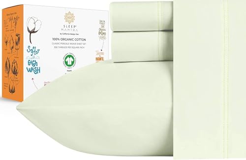 Sleep Mantra Premium 100% Organic Cotton Queen Bed Sheet Set - Soft & Cooling Percale Weave - 4 Piece Bedding Set with Deep Pocket - GOTS Certified - Breathable & Eco-Friendly (Queen, Pistacho Green)