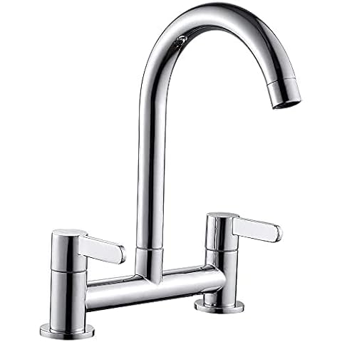 Kitchen Sink Mixer Taps, 2 Hole Kitchen Faucet, 360° Swivel Spout Dual Lever Sink Mixer Tap, Deck Mounted Kitchen Taps, Cold and Hot Mixer Tap, Sink Tap 1/4 Turn with UK Standard Fittings (Chrome) Cover