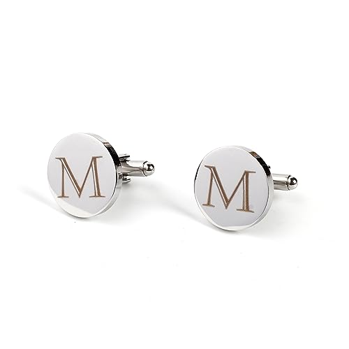 Image of Mens Initial Silver Cufflinks A-Z Alphabet Letter Steel Cuff Links with Engraved Walnut Wood Box Groom Groomsman Wedding Set
