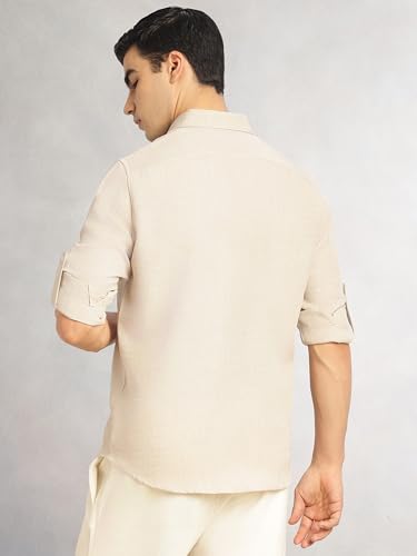 Image of Thomas Scott Men's | Solid | Textured Fabric | Full Sleeve | Slim Fit | Polyester-Blend | Spread Collar | Casual Shirt