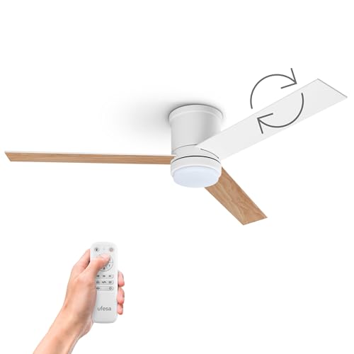 Ufesa Katmandú Ventilador de Techo con Luz, 3 Aspas Reversibles 132cm, 40W, 6 Velocidades, Ultra Silencioso, Función Verano - Invierno, Temporizador 8h, 3 Niveles Luz, Mando a Distancia, Blanco/Madera