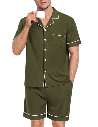 Image of SWOMOG Mens Pajama Set Short Sleeve 2 PCS Sleepwear Button Down Soft Loungewear Modal Set Pj Set with Pockets S-3XL