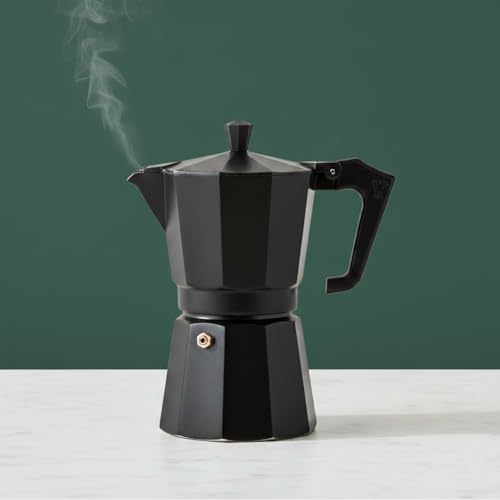Image of Matte Black Aluminium Stovetop Espresso Maker Moka Pot Classic Italian Style Coffee Percolator with Safety Valve & Heat Resistant Handle, Durable Mokka Coffee Maker for Gas & Electric Stove
