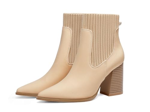 Image of Coutgo Women Ankle Boots Sock Booties Pointed Toe Chunky Stacked High Heel Knit Chelsea Winter Dress Booties