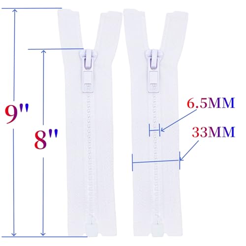 Image of MebuZip 2PCS #5 8 Inch Separating Jacket Zippers for Sewing (White) | Resin Zipper Molded Plastic Zippers Bulk for Sewing Jackets Coats Clothes