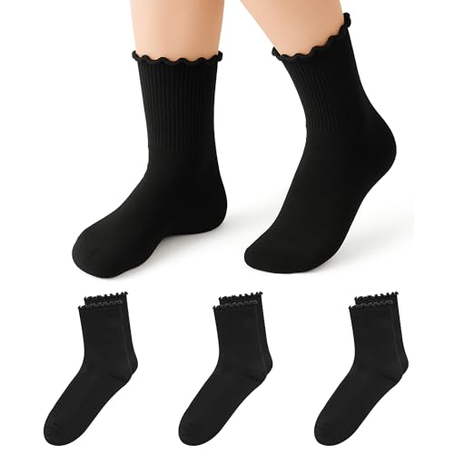 Stelle Girls Ruffle Socks Cotton School Uniform Dress Socks 3/5/6 Pairs Crew Soft Cute Frilly Sock for Kids Toddler(3BK M)
