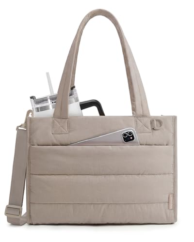 BAGSMART Small Tote Bag for Women Puffer Quilted Work Tote Bag Zipper Closure for Work Travel College Camel