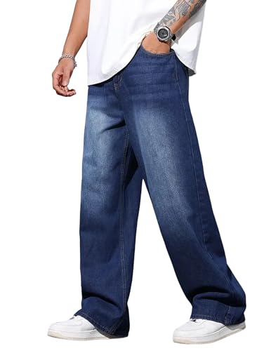 QGRSWBC Mens Denim Jeans Wide Leg Skater Pants Loose Fit Baggy Trousers Y2K Clothes Dark Wash Blue XL