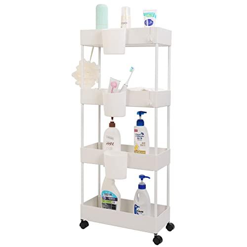 OVAKIA Slim Storage Trolley on Wheels, 4-Tier Space-Saving Shelving unit 18cm Wide, Narrow Organiser for Kitchen Bathroom Office, Small Rolling Cart (White)