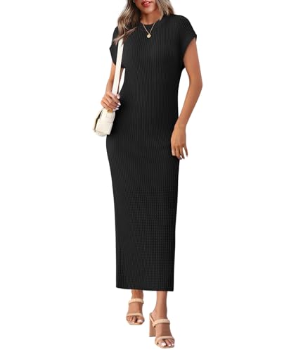 Yousify Women Knit Dresses Casual Crewneck Cap Sleeve Midi Dress Bodycon Ribbed Sweater Dress Black M