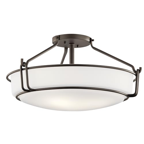 Kichler Alkire 4-Light Semi Flush Mount in Olde Bronze, Satin Etched White Glass, (11' H x 22' Dia...