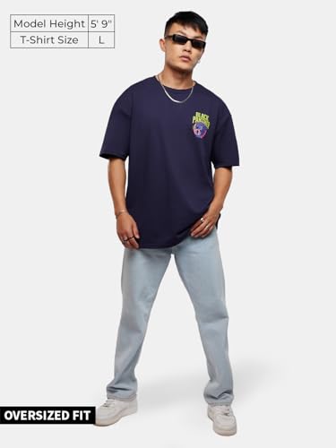 Image of The Souled Store Official Black Panther: Wakanda Forever Mens and Boys Oversized fit Graphic Half Sleeve Cotton Blue Color Oversized T-Shirts