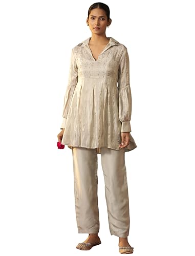 Ensemble ethnique Chanderi brodé à paillettes col en V