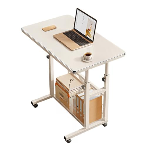 Vzqr 昇降テーブル 高さ60~90cm キャスター付き 幅60cm アイボリー 大容量2段収納 リフトアップデスク PC/オフィス/勉強用 介護にも最適 高さ調整可能 省スペース設計 在宅ワーク ベッドサイド/ソファ横 (幅80cm,2階収納)