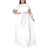 CRYMG Women Plus Size 2 Piece Dress Outfits Short Sleeve Bandage Tie Up Wrap Empire Crop Top and Bodycon Maxi Skirts Set DD844 (2XL, White)