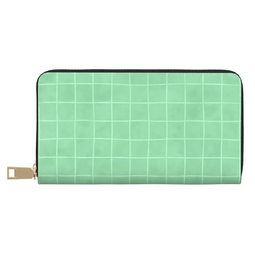 Leather Thin Slim Wallets for Women Men - Fashion Cyan Hand Drawn Grid Print Card Wallet Holder with Zipper