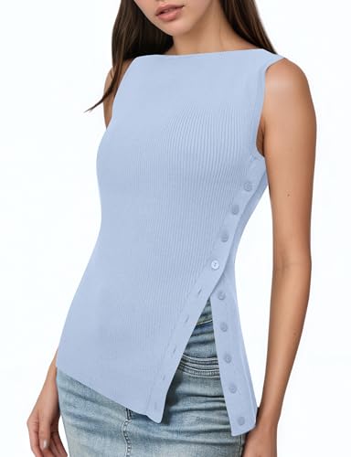 Image of OLAPTA Women Asymmetrical Button Down Side Split Sleeveless Tank Tops Boat Neck Slim Fit Summer Casual Side Button Knit Vest